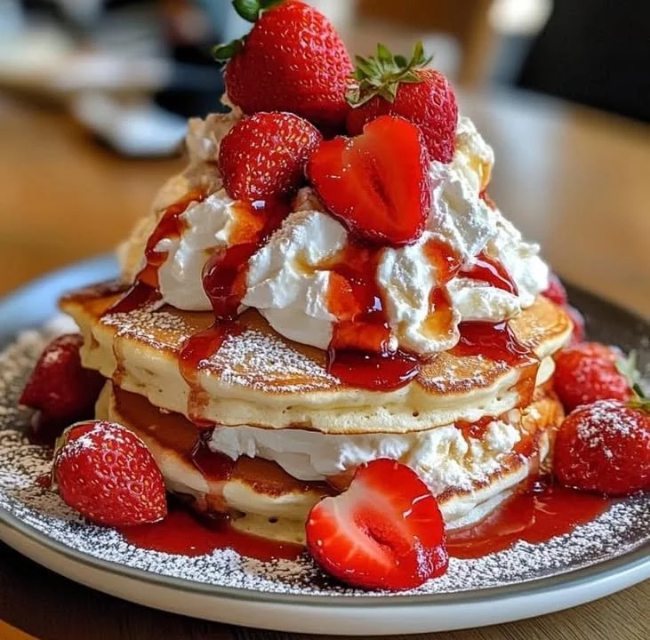 Stack of Strawberry Shortcake Pancakes topped with fresh strawberries and whipped cream