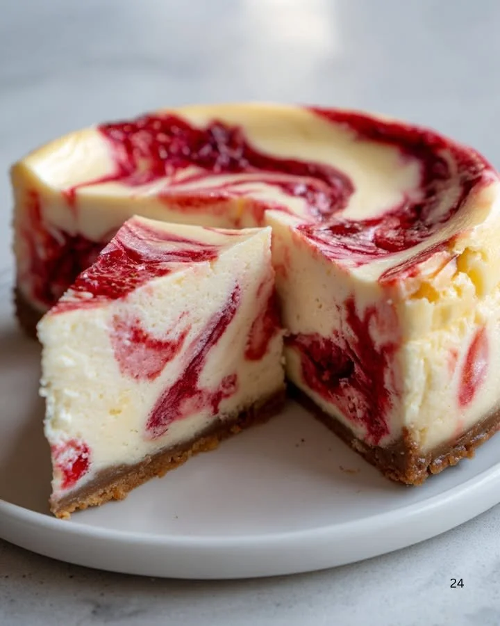 Delicious strawberry swirl Basque cheesecake garnished with fresh strawberries.