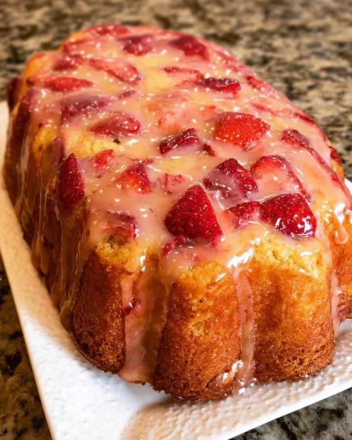 Slice of strawberry vanilla pound cake with fresh strawberries on top