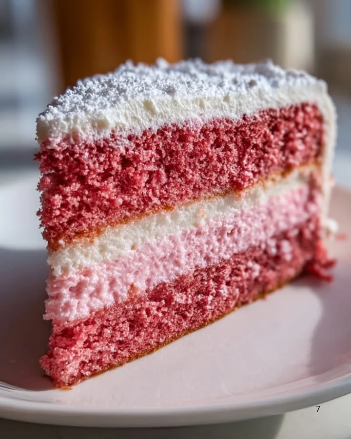 Delicious and moist Strawberry Velvet Cake with fresh strawberries and cream frosting