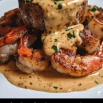 Delicious surf and turf served with creamy garlic sauce