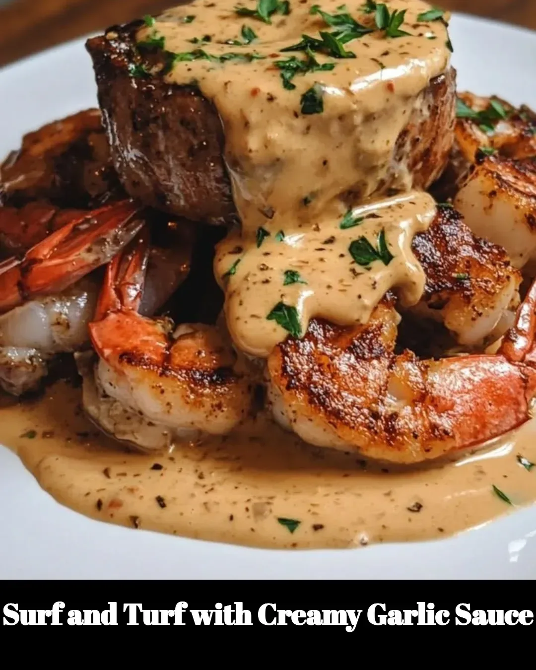 Delicious surf and turf served with creamy garlic sauce