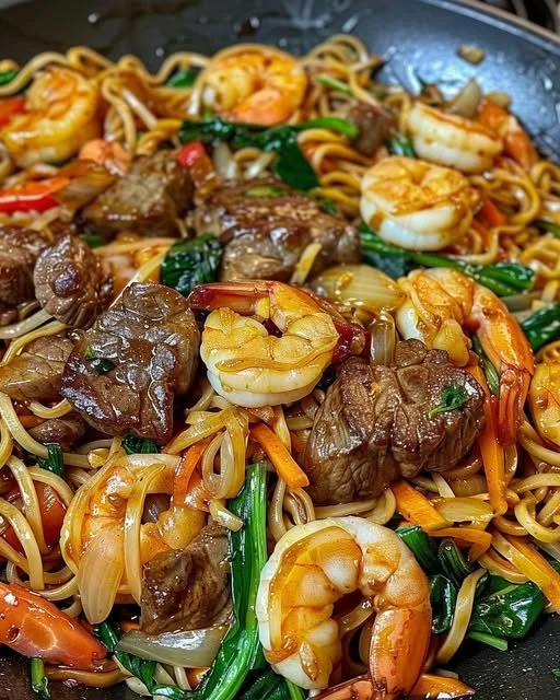 Surf & Turf Noodle Stir-Fry featuring steak and shrimp on a plate.