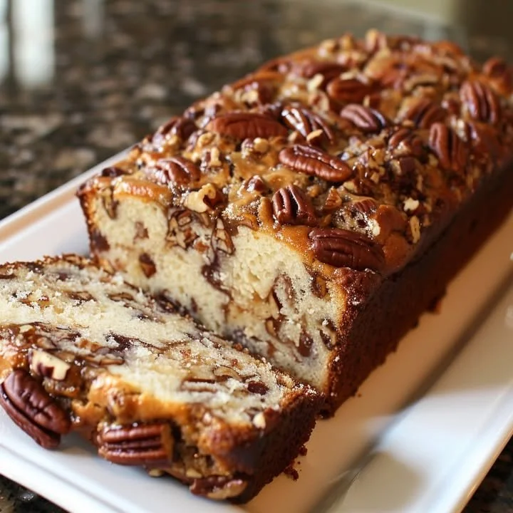 Loaf of Sweet Alabama Pecan Bread on a wooden table with pecans.