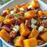 Honey roasted butternut squash drizzled with honey, topped with cranberries, pecans, and feta.