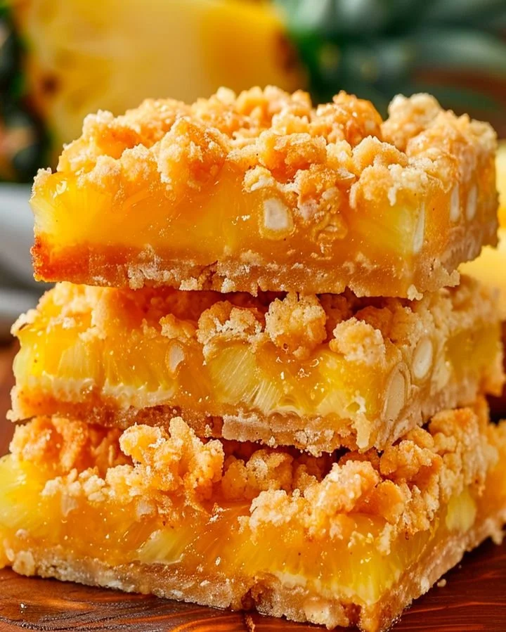 Freshly baked pineapple crumble bars with a golden crumb topping