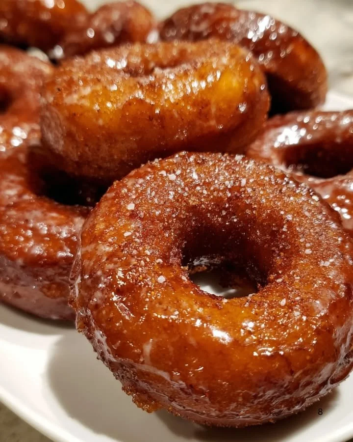 Delicious sweet potato donuts topped with glaze on a wooden table.