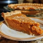 Delicious slice of homemade Sweet Potato Pie on a rustic table.