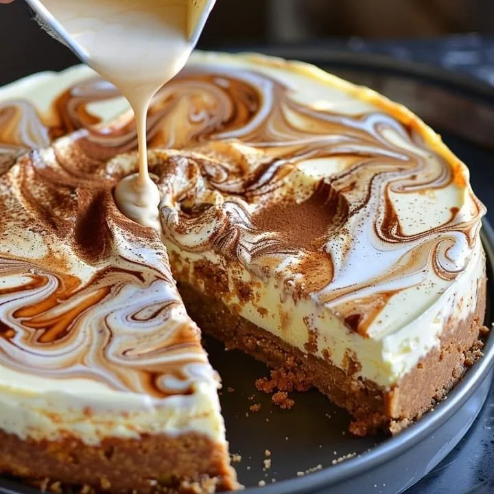 Swirled caramel cheesecake with rich layers of caramel and creamy filling