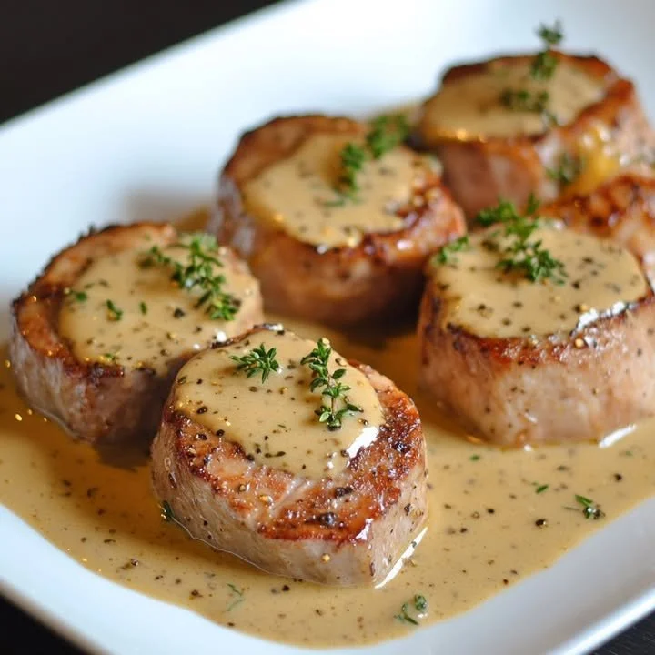 Tender pork medallions served in a creamy mustard sauce with herbs
