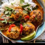 Thai Chicken Meatballs simmering in a creamy coconut curry sauce