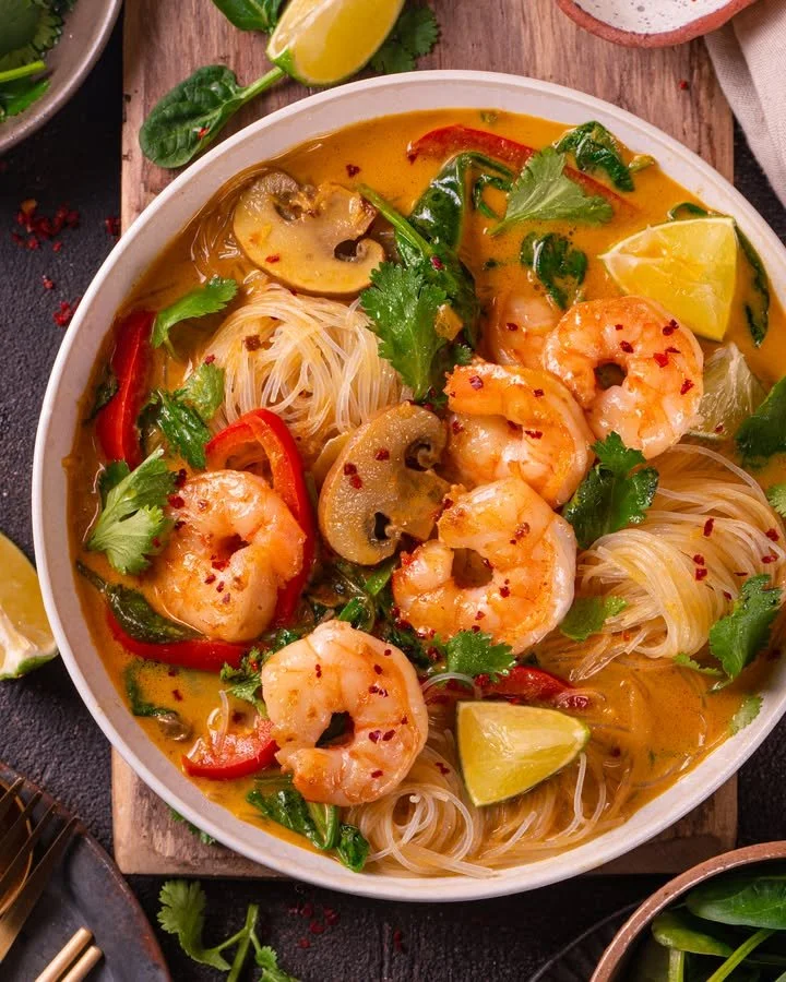 Bowl of Thai Shrimp Coconut Noodle Soup with shrimp, noodles, and coconut milk.