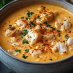 A creamy bowl of delicious crab bisque garnished with herbs.
