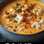 A bowl of creamy crab bisque garnished with herbs and served with crusty bread