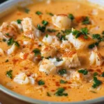 Delicious homemade crab bisque served in a bowl with fresh herbs