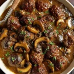 Delicious Salisbury steak meatballs topped with rich mushroom gravy on a plate