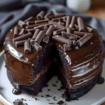 Deliciously moist chocolate cake topped with chocolate frosting and sprinkles