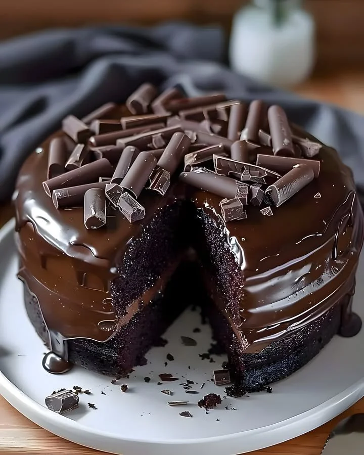 Deliciously moist chocolate cake topped with chocolate frosting and sprinkles