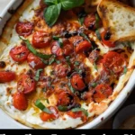 Three-Cheese Tomato Bruschetta Dip served in a bowl with fresh herbs