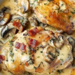 Thyme-Infused Creamy Mushroom Bacon Chicken Thighs served on a plate