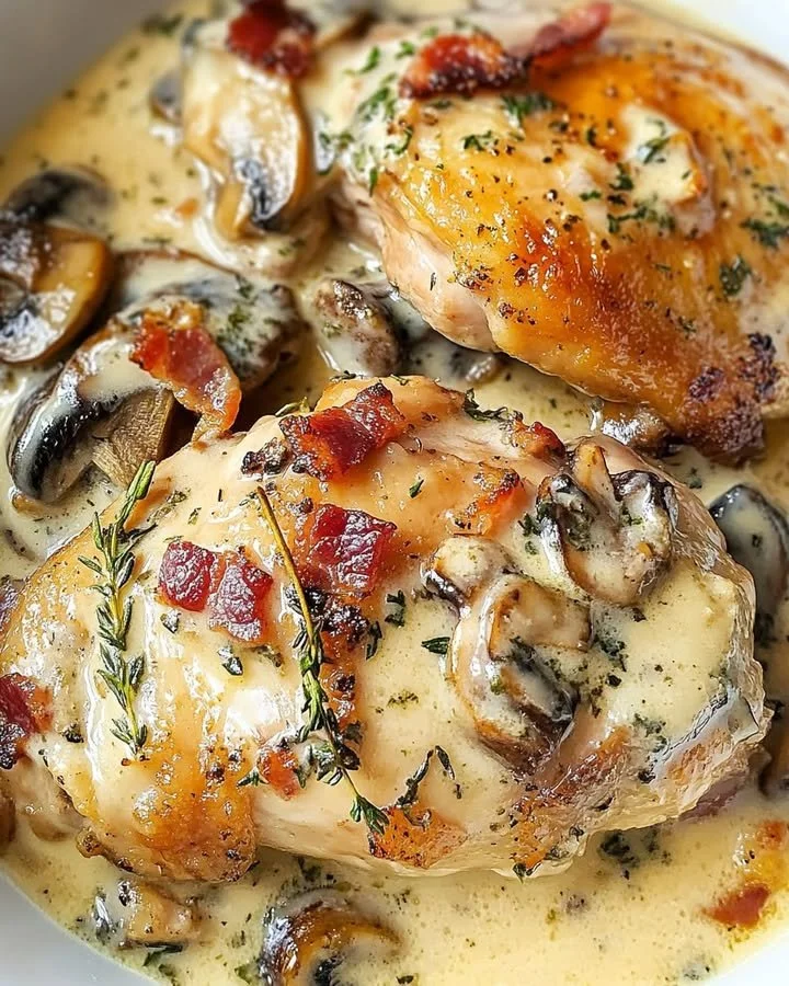 Thyme-Infused Creamy Mushroom Bacon Chicken Thighs served on a plate