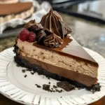 Delicious triple chocolate cheesecake topped with chocolate ganache and curls