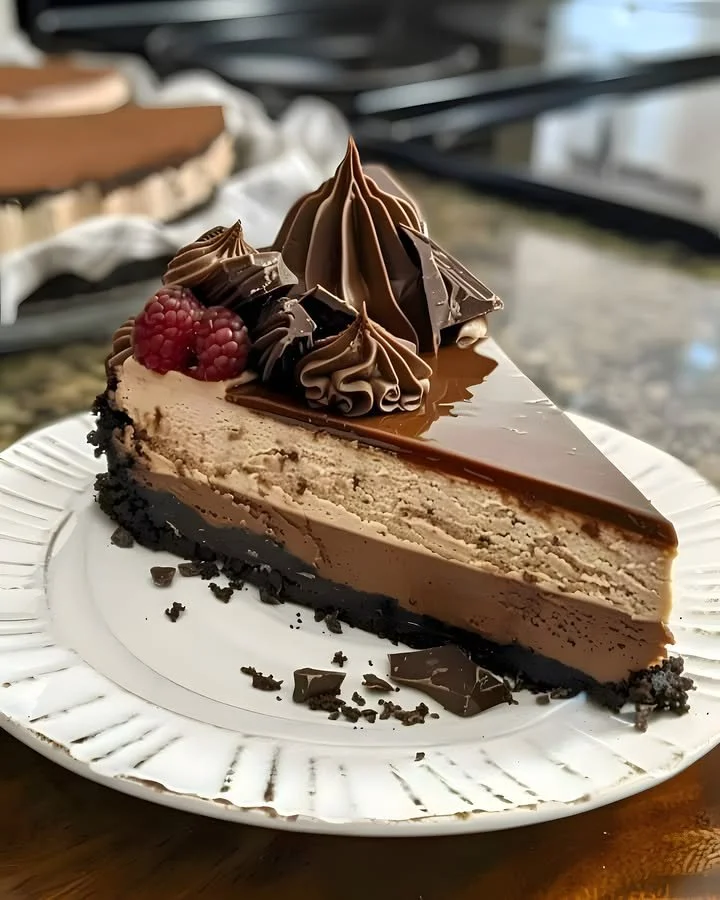 Delicious triple chocolate cheesecake topped with chocolate ganache and curls