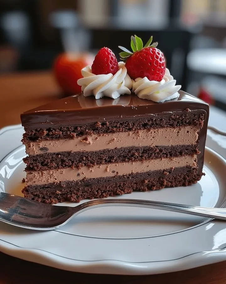 Triple Chocolate Mousse Cake topped with chocolate shavings and berries