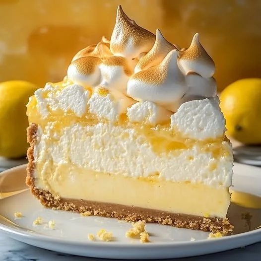 Triple Lemon Meringue Cheesecake slice topped with meringue and lemon zest