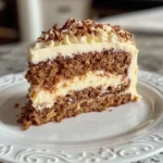 Delicious tropical hummingbird cake with cream cheese frosting on a wooden table