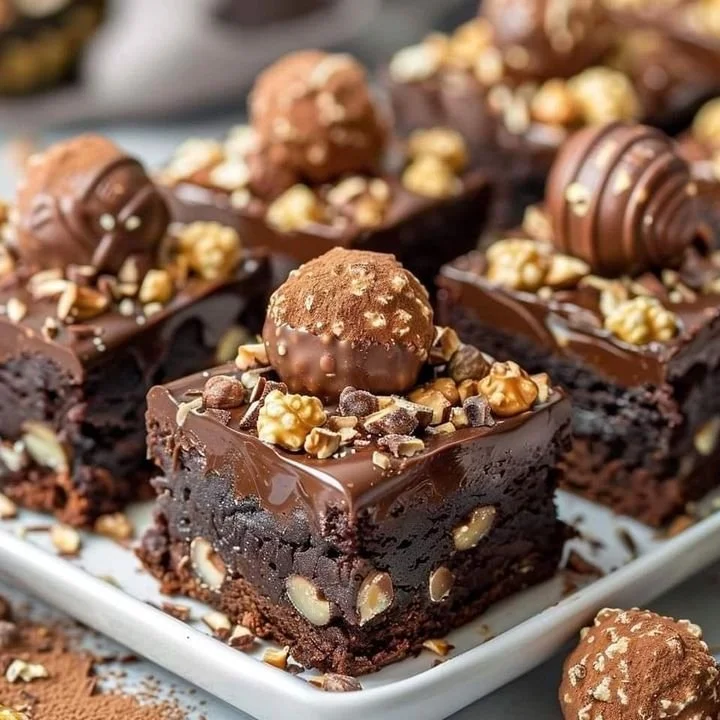 Ultimate Ferrero Rocher fudge brownies topped with chocolate and hazelnuts.