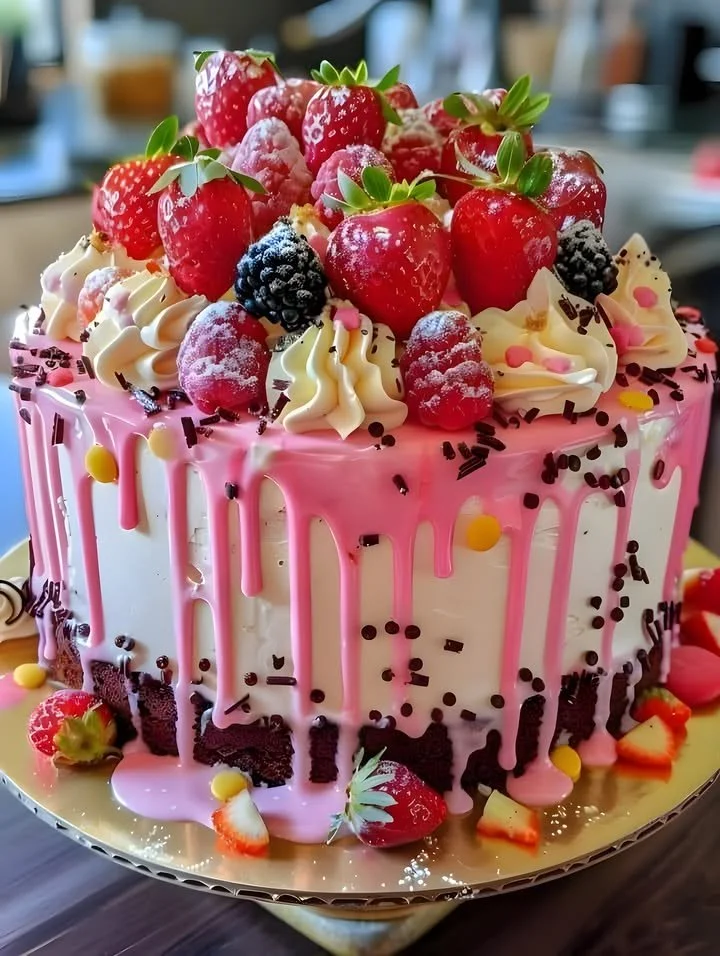 Ultimate Pink Strawberry Drip Cake with vibrant pink icing and fresh strawberries