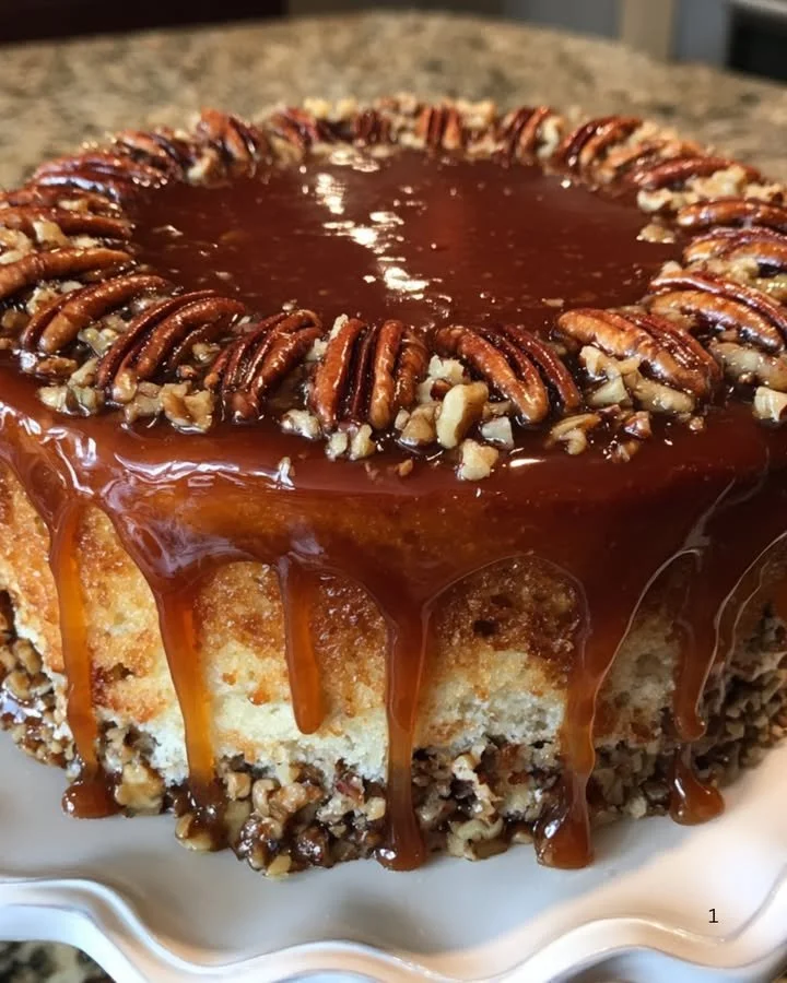 Delicious Vanilla Pecan Praline Cake topped with crunchy pecans and praline glaze