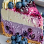 Delicious white chocolate blueberry cheesecake slice on a plate