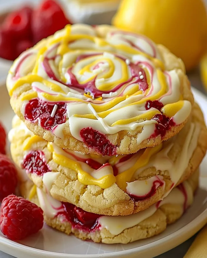 White chocolate lemon raspberry cookies with fresh raspberries and lemon zest