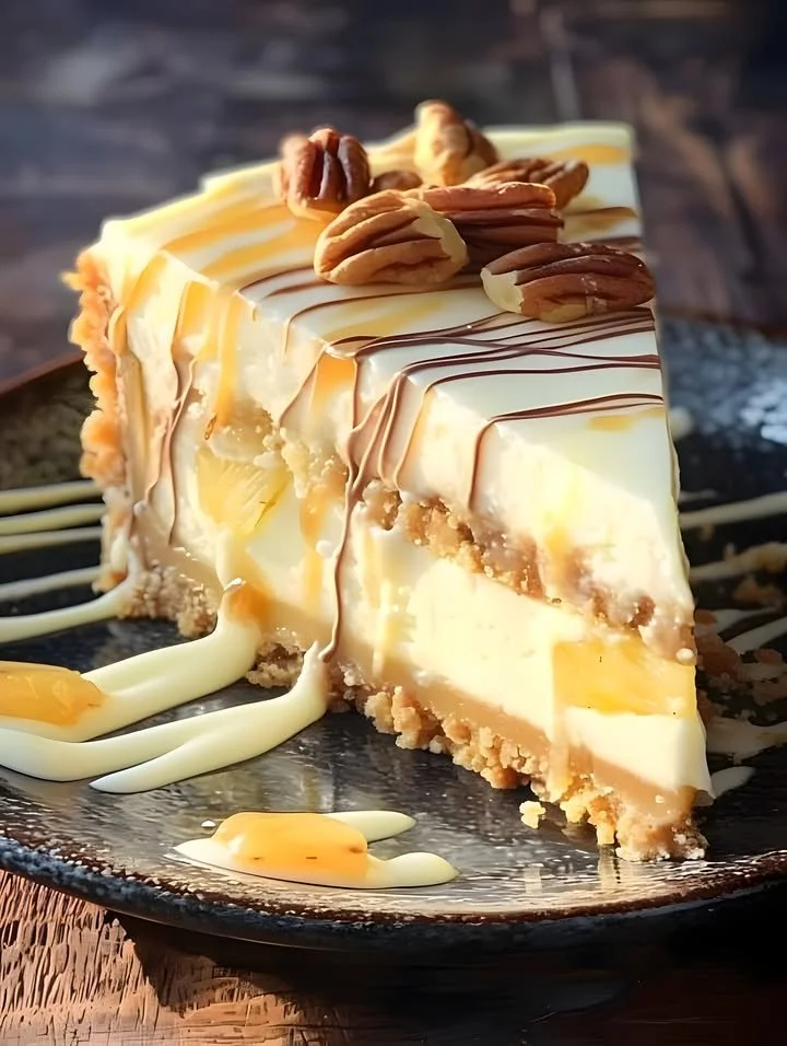 Delicious white chocolate pineapple pecan cheesecake slice on a plate