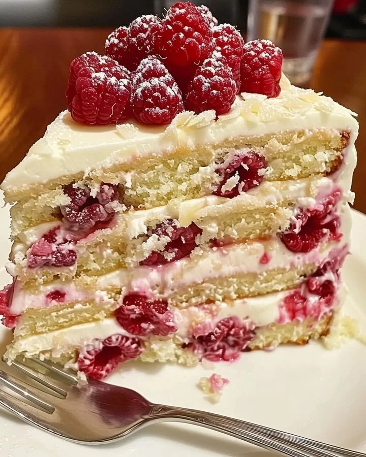 Delicious White Chocolate Raspberry Dream Cake topped with fresh raspberries.