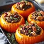 Wild rice stuffed mini pumpkins with Brussels sprouts, pecans, and cranberries.