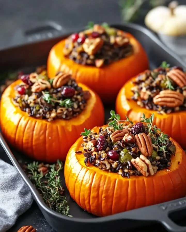 Wild rice stuffed mini pumpkins with Brussels sprouts, pecans, and cranberries.