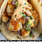 Zesty fish tacos with spicy Sriracha lime sauce on a plate