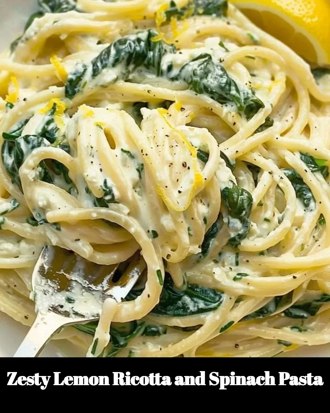 Zesty lemon ricotta and spinach pasta served in a bowl topped with fresh herbs.