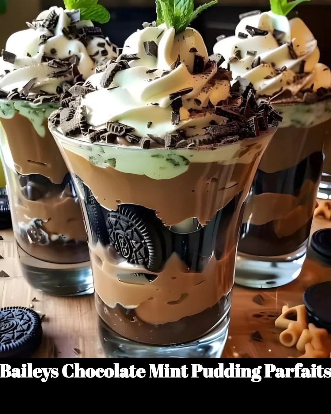 Delicious Baileys Chocolate Mint Pudding Parfaits in elegant glasses