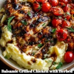 Balsamic grilled chicken with herbed mashed potatoes and roasted tomatoes on a plate.