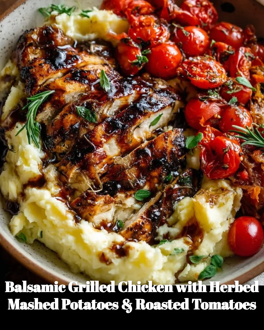 Balsamic grilled chicken with herbed mashed potatoes and roasted tomatoes on a plate.