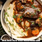 Delicious beef stew with mushrooms and creamy mashed potatoes