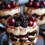 Delicious Black Forest Tiramisu dessert with chocolate and cherries layered