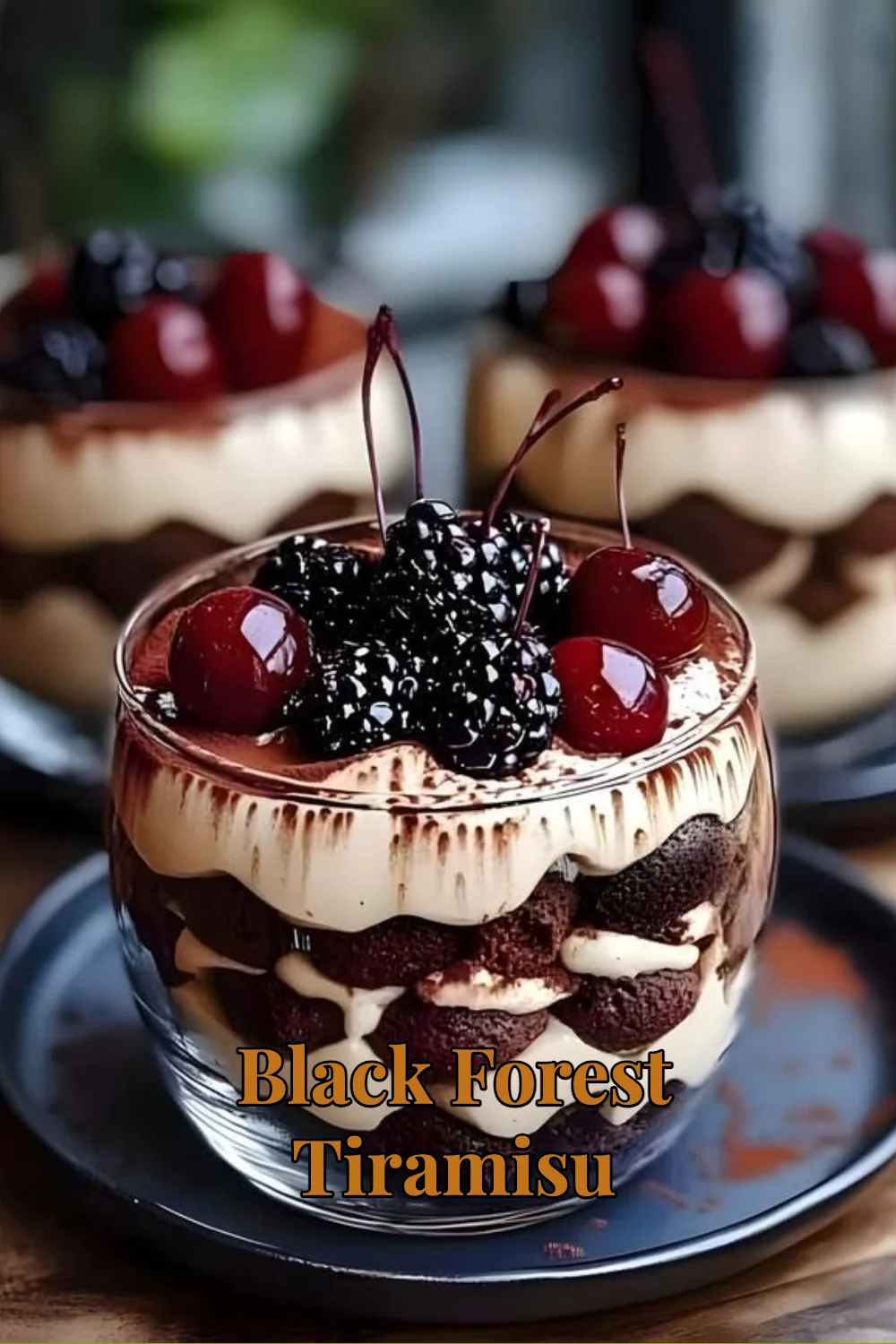 Delicious Black Forest Tiramisu dessert with chocolate and cherries layered