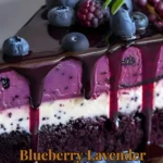 Delicious blueberry lavender cake with fresh blueberries and lavender flowers.