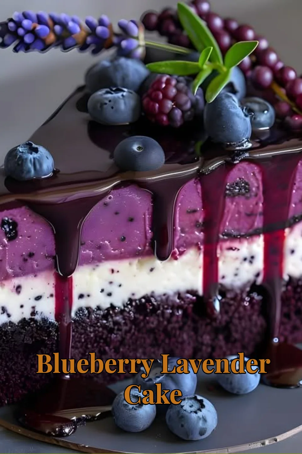 Delicious blueberry lavender cake with fresh blueberries and lavender flowers.