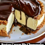 Boston Cream Pie Cheesecake topped with chocolate ganache and whipped cream
